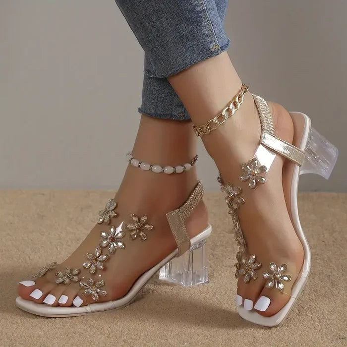 Women's Flower Rhinestone Block Heel Sandals