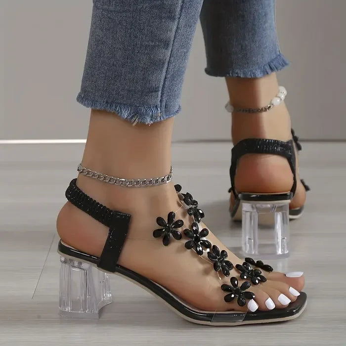 Women's Flower Rhinestone Block Heel Sandals