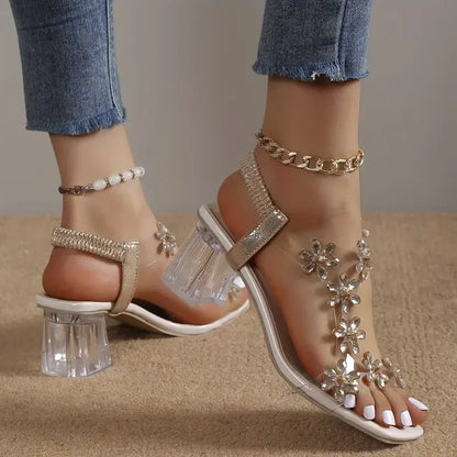 Women's Flower Rhinestone Block Heel Sandals