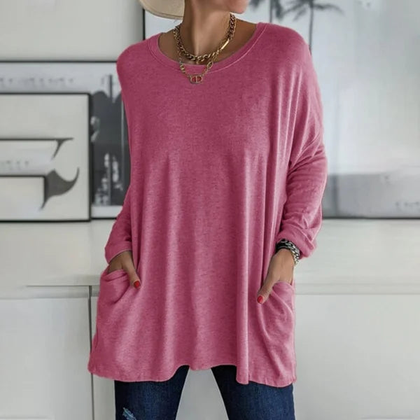 Round Neck Long Sleeve Pocket Solid T-Shirt