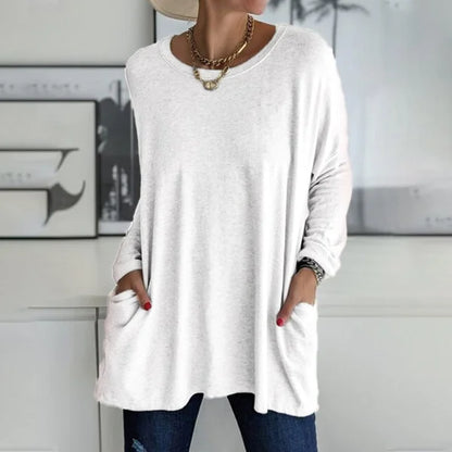 Round Neck Long Sleeve Pocket Solid T-Shirt