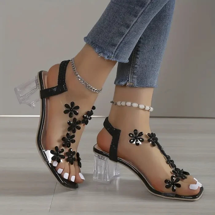 Women's Flower Rhinestone Block Heel Sandals